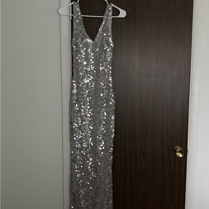 Fashion Nova Silver Sequin Maxi Dress